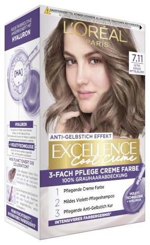 L'Oréal Paris Permanente Haarfarbe mit ultra kühlem Farbergebnis, 100% Grauhaarabdeckung, Set mit Coloration, Shampoo und Pflegecreme, Excellence Cool Creme, Nr. 7.11 Ultra kühles Mittelblond (Blond)