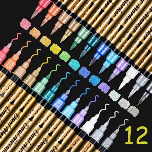 AOSUCO Metallic Stifte - 12 Farben Dual Tip Metallic Marker Stifte Set für Fotoalbum zum Selbstgestalten, Gästebuch Hochzeit, Gästebuch Geburtstag, Scrapbook, Schwarzes Papier, Steine, Holz Bemalen