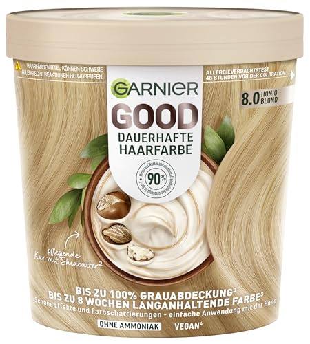 Garnier GOOD Dauerhafte Haarfarbe 8.0 Honig Blond – Coloration ohne Ammoniak, bis zu 100% Grauabdeckung, 1 Stk.