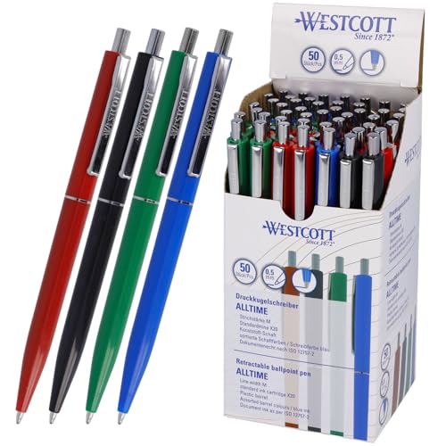 Westcott Kugelschreiber ALLTIME Mix 50 Stück | Vorteilspack Druckkugelschreiber mit blauer Tinte | Strichstärke M mit X20 Standardmine | Dokumentenecht ISO 12757-2 | Stabiler Metallclip | E-737487 00