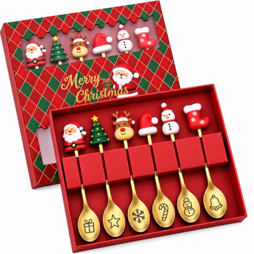 6 Weihnachtslöffel Set, kleine Weihnachtsgeschenke in Geschenkbox, 16,5 cm | Edelstahl, 16,5 cm: Festlöffel für Kaffee & Tee, Nikolaus Geschenke und Weihnachtsgeschenke in Box