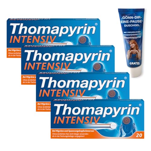 Thomapyrin INTENSIV Tabletten - 3fach Power bei intensiveren Kopfschmerzen & Migräne - 4 x 20 Stk. + Duschgel