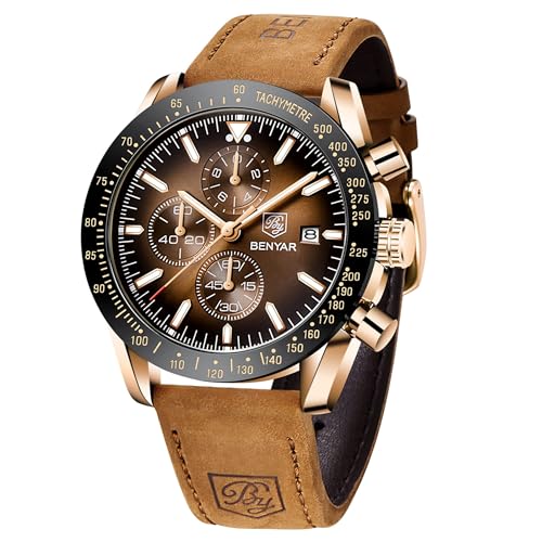 BENYAR by Uhren Herren Analog Quarz Chronograph Herrenuhren Wasserdicht Leuchtende Datum Braun Lederband Armbanduhr Lässig Business-Kleid Uhren fur Männer Klassische Elegantes Geschenk