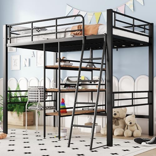 NNJN 90 * 200cm Hochbett, ohne Matratze, Bett mit Schreibtisch, Mehrere Regale, Geländer, Leiter, Eisenrahmen (Schwarz)