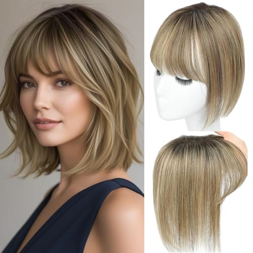 Haar Toppers für Frauen aus echtem Menschenhaar mit Pony, handgenäht 360°3D-Abdeckung, natürlich für dünner werdendes Haar Haarstücke für Frauen Topper (Medium Brown Mix Blonde with Dark Brown Root)