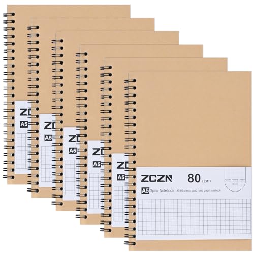 ZCZN Notizbuch A5 kariert, 6 Stück Spirale Notizblock, 60 Blatt, Heft für Büro und Schule