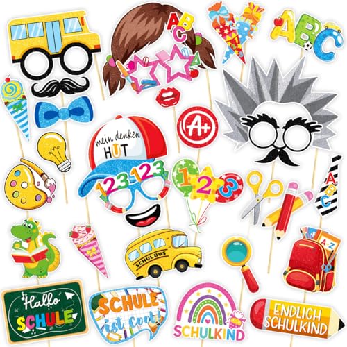 Gleemix Einschulung Deko Fotobox Requisiten, 30 Stück Back to School Photo Booth Requisiten, Papier Foto Requisiten für Schulanfang Deko, Schule Motto Party Supplies Foto, B