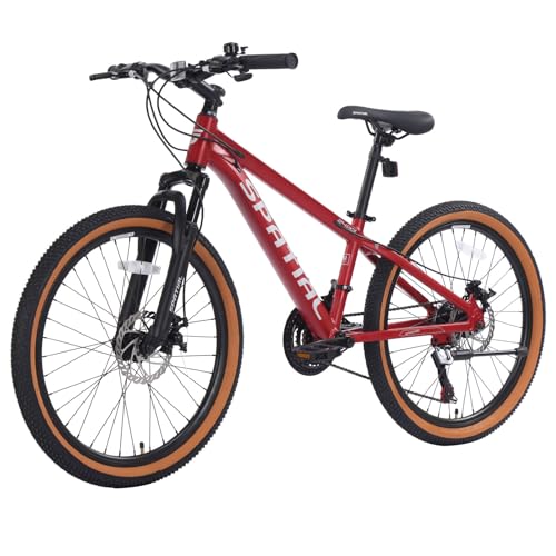 SPATIAL Mountainbike, 24/26/27,5/29 Zoll, Outdoor-Fahrrad, 21/8 Gänge, Aluminiumrahmen | Doppelscheibenbremsen, Verstellbarer ergonomischer Sattel für Männer, Frauen (Rot, 24 Zoll)