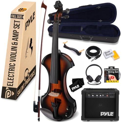 Pyle E Geige Elektrische Violine 4/4 Set mit Verstärker aus Massivem Holz – Vollgröße Stille Violine mit Koffer, Zubehör & Kopfhörer