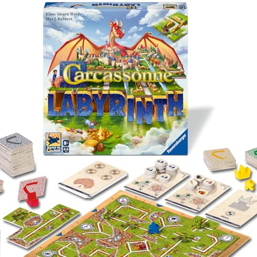 Ravensburger 25176 - Carcassonne Labyrinth - Familienspiel ab 8 Jahren, für 1-4 Personen, Brettspiel aus Zwei Spieleklassikern, Fans der beiden Spiele