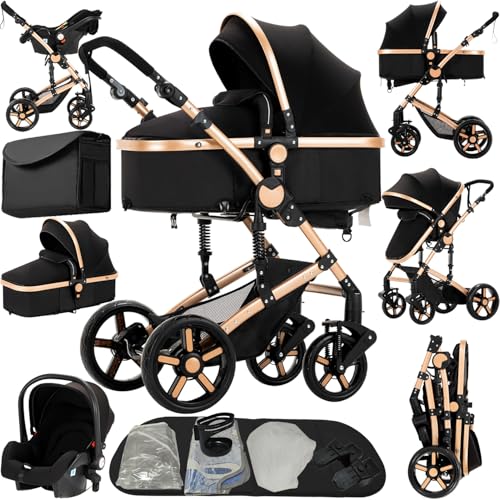 Reenborn Kinderwagen 3 in 1, Buggy mit Zwei Umkehrbaren Schiebemodi, Kinderwagen mit Rahmen Aluminiumlegierung, Babywagen 3 in 1 Komplettset mit Ein-Klick-Faltdesign Hohe Landschaft (588 Black Gold)