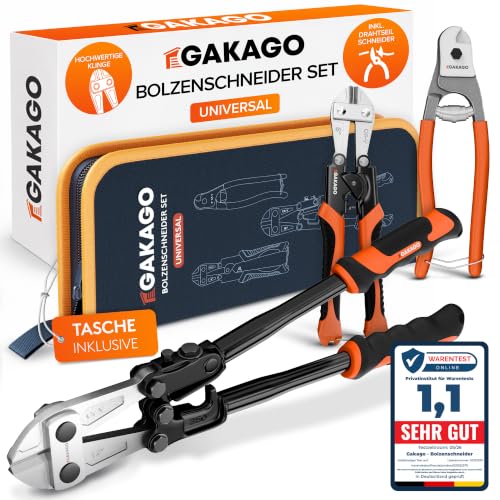 Gakago Bolzenschneider Set 35 cm + 20 cm Mini & Drahtseilschneider + Tasche - Metallschneider mit gehärteten CR-V Klingen - Kraftvolle Übersetzung & Gummigriffe - für Draht, Metall & Zaun