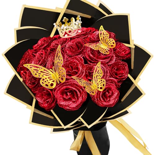 LARDUX 24 Stück Glitzer-Rosenstrauß, Glitzer Rosen Bouquet, künstliche Rosensträuße, DIY künstliche Glitzer-Blumensträuße mit Krone für Geschenke Hochzeitstag Verlobungstag Geburtstag, Muttertag