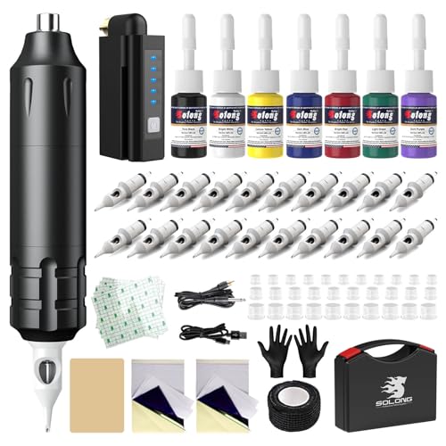 Solong Tattoo Maschine Set, Wireless Rotary Tattoo Gun Pen mit 20pcs Cartridge Nadeln 14 Tinten, Tätowiermaschine für Tattoo Anfänger und Künstler SLP1KIT02D-1