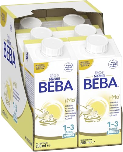 BEBA Junior 1-3 Jahre Milchgetränk trinkfertig, Mit HMO, Altersgerecht angepasster Proteingehalt, Ohne Palmöl, Ohne Fischöl, Kleinkindnahrung, 6er Pack (6 x 200ml)