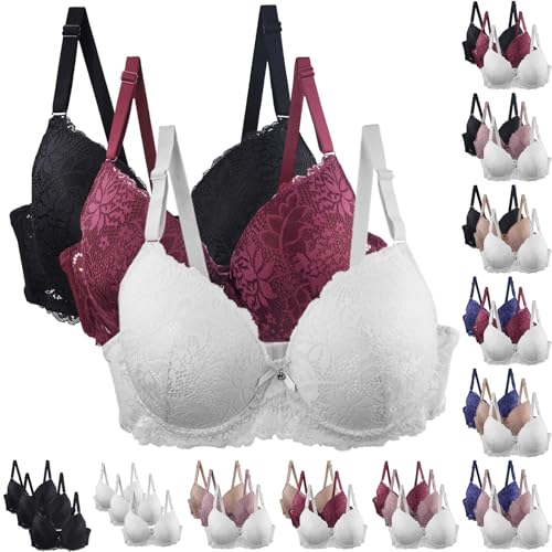 XCXC 3er-Pack Damen BH mit Bügel Push Up Spitzen Weich Bequemer Sexy Klassische BHS mit verstellbarem Träger Women Bra für Sport und Alltag