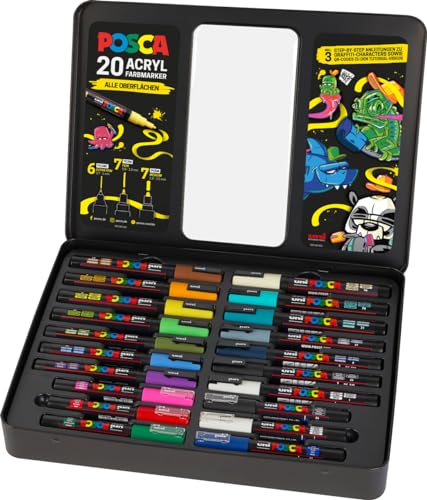 POSCA 186830 - POSCA Marker Set, 20er Etui, inkl. Anleitungen für 3 Graffiti Charaktere
