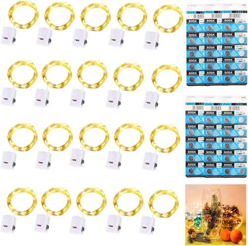 Dooozy 20 Stück Micro LED Lichterkette und 120 Batterie, 2M 20 Led Lichterkette 3 Modi Batterie Kupfer Drahtlichterkette Wasserfest für Weihnachten Außen Garten, Innen Hochzeit, Party(Warm Weiß)