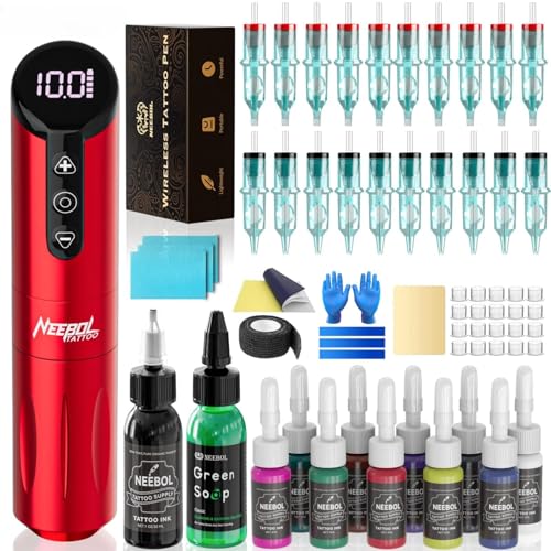 Neebol Wireless Tattoo Gun Kit, Kabelloser Rotary Tattoo Stift mit 6h Akkulaufzeit, Digitale Bildschirmanzeige, Extra Schwarze Tinte, Komplettes Tattoo Maschine Kit für Anfänger und Profis
