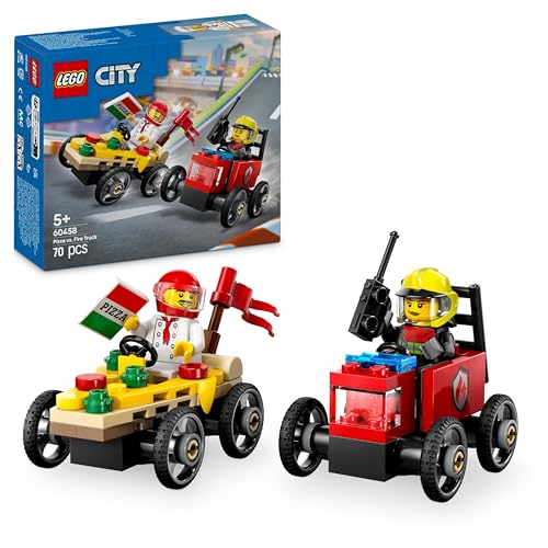 LEGO City Pizzalieferwagen vs. Löschauto - Seifenkisten Spielzeug für Mädchen und Jungen ab 5 Jahren - Bauset mit 2 Fahrer Minifiguren - Geschenk zum Geburtstag & für die Feiertage 60458