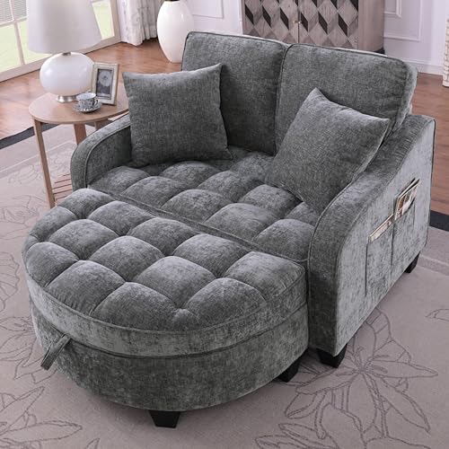 A ALFRESCOOL Sofa mit Schlaffunktion, 2-in-1 Schlafsofa, Modulares Sofa, Aufbewahrungs-Hocker & 4 Kisse, für Kleine Wohnzimmer, Studienzimmer, Schlafzimmer, 132×129×93cm (Dunkelgrau)