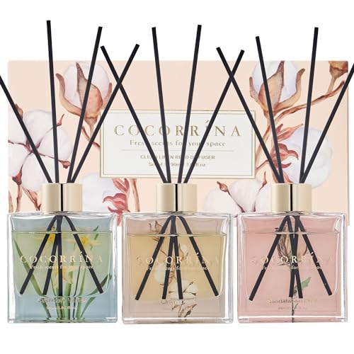 Cocorrína Raumduft Reed Diffuser - 3 x 90ml mit 24 Duftstäbchen Kaschmir Vanille/Sandelholz Rose/Sauberes Leinen, Natürlich, Langanhaltend, Home Duft Zimmerduft für Badezimmer Regal Dekoration
