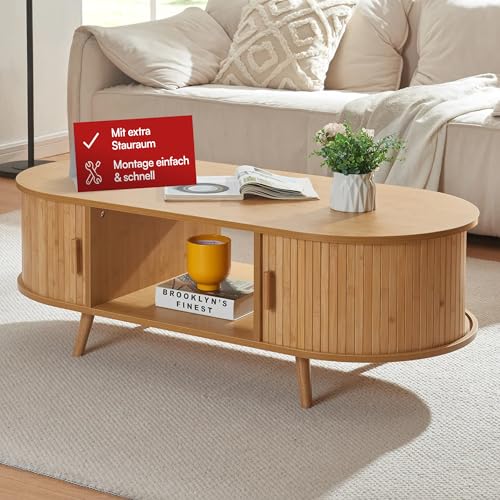 [en.casa] Couchtisch Nordkapp Wohnzimmertisch mit 2 Schiebetüren Bambus Sofatisch mit Stauraum Kaffeetisch Holzbeine 120 x 55 x 40 cm