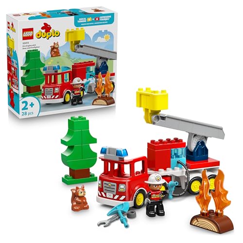 LEGO DUPLO Town Löschauto mit Schlauch und Feuerwehrmann- Lernspielzeug für Motorik - Rotes Feuerwehrauto mit Leiter, Figur und Eichhörnchen - Geschenk für Jungen und Mädchen ab 2 Jahren - 10473