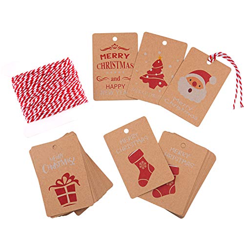 FEPITO 50PcsTags Kraftpapier Geschenkkarten mit hängendem Seil zum Einwickeln von Etiketten, 5 Design