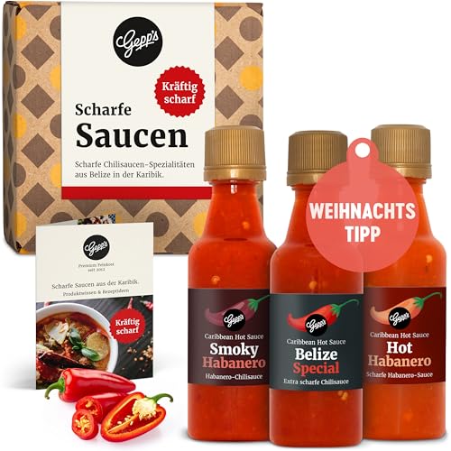 Gepp‘s Feinkost scharfe Soßen Set I Hot Sauce Set mit 2 feurigen Habanero Chili Saucen und einer Hot Belize Sauce I Chili Geschenkset, hergestellt nach eigener Rezeptur I Weihnachts-Geschenk