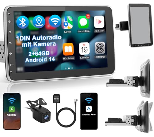 Timzeit Autoradio mit Bildschirm Single DIN Auto Radio mit Navi Bluetooth Wireless CarPlay Android Auto DAB Plus Rückfahrkamera, 1DIN mit 10.1 Zoll drehbar Touchscreen Monitor, 2+64G Android 14