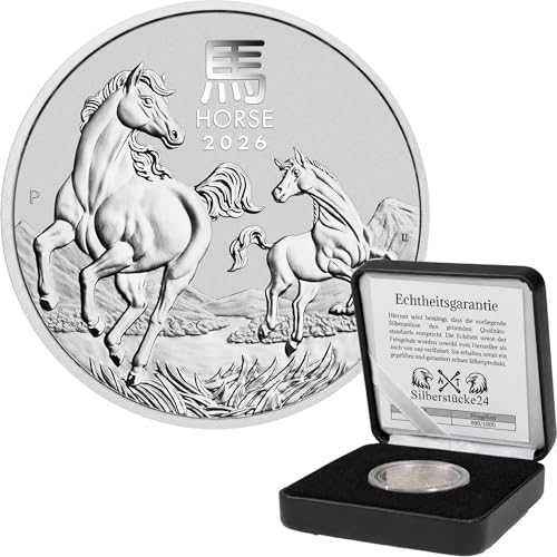 Silbermünze Lunar III Pferd 2026 | Feinsilber 999,9 | Wahlweise 1 oz oder 1/2 oz | In Münzkapsel & schwarzem Etui | Inkl. Grußkarte und Echtheitsgarantie (1/2oz Silbermünze)