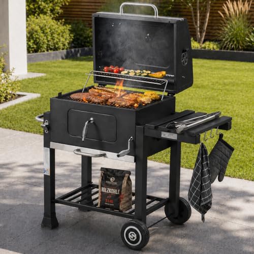 Strattore Holzkohlegrill XL BBQ Grillwagen Verstellbarer Standgrill mit Deckel Quadratischer Barbecue Gartengrill aus Eisen - Garten Camping Terrasse - Grillrost und Thermometer Holzkohle Grill