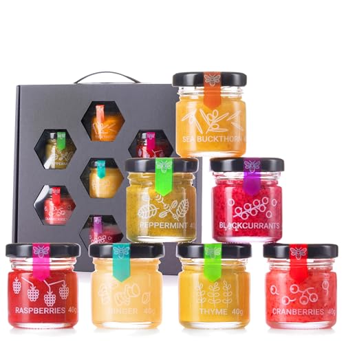 Honig Geschenkset – 7x40g mit gefriergetrockneten Beeren & Kräutern: Ingwer, Himbeere, Thymian, Pfefferminze, Sanddorn – Eine süße & einzigartige Überraschung für jede Gelegenheit.