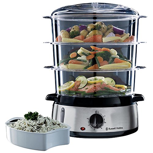 Russell Hobbs Dampfgarer [normale Größe] 9,0l (60 Minuten Timer + Abschaltautomatik, 3 spülmaschinengeeignete Dampfgarbehälter + Reisschale/Reiskocher + 6 Eierhalter/Eierkocher, BPA-frei) 19270-56