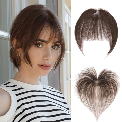 MY-LADY Clip in Pony Echthaar 100% Haar mit 2 Clips, Französischer Pony Fringe Extensions Bangs Natürliche Haarteile Echthaar für Damen Farbe Mokkabraun