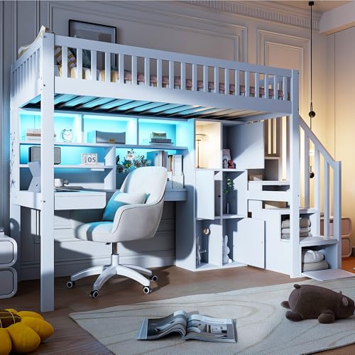 Lcoho Hochbett, 90x200cm, Ferngesteuertes Ambientelicht, Ablageleiter, Regale, Ablagefächer, Schreibtisch, ohne Matratze,Weiß