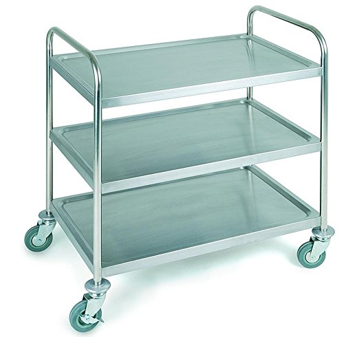 APS 11979 Servierwagen, Edelstahl Transportwagen, mit DREI Böden, 91 x 59 x 93 cm, Abstand zwischen den Borden ca. 26 cm, 4 Lenkrollen, Davon 2 feststellbar, Trolley mit Tragfähigkeit 120 kg