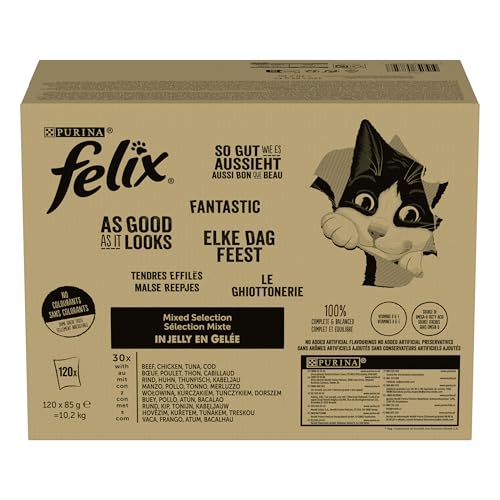 FELIX So gut wie es aussieht Nassfutter für Katzen Gemischte Vielfalt Vorteilspack, 120 praktische Portionsbeutel, zarte Stückchen in Gelee, 4 leckere Sorten, 100% vollständige Ernährung