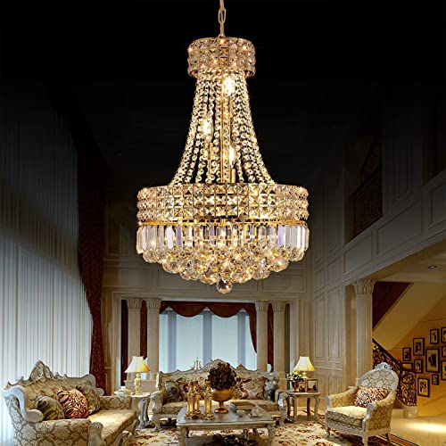 MSSIAN Gold-Kristall-Kronleuchter Empire-Design dimmbar, Luxuriöser runder Deckenkronleuchter E14 6-flammig – 90 cm verstellbare Kette, D42 cm, Ideal für Wohnzimmer, Küche und Flur