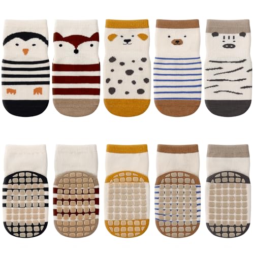 Kyopp 5 Paar Socken Baby Kleinkinder ABS rutschfeste Stoppersocken Kinder Tiermotive Sock Baumwolle Kindersocken Crew Socks