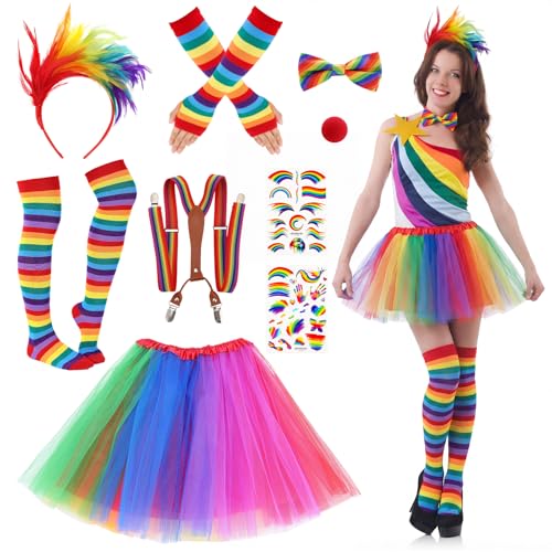 Camptrip Regenbogen Karneval Kostüm Damen, 9 Stück Faschingskostüme Damen mit Hosenträger, Feder Haarreif, Fliege, Tüllrock, Kniestrümpfe & Armstulpen, Rote Nase, Tattoos für Karneval, Halloween