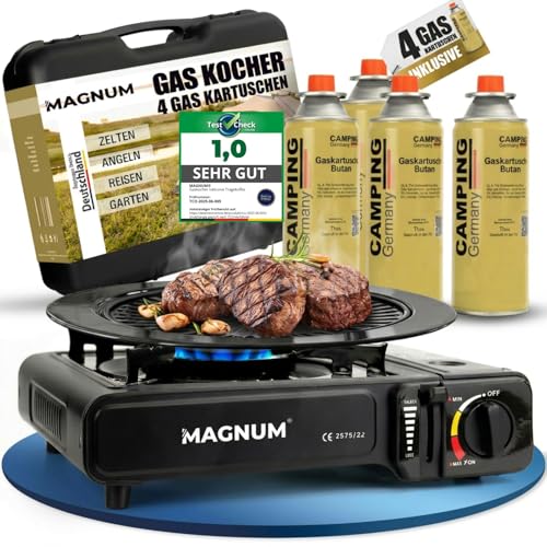 Magnum® Gaskocher [inkl. 4x Gaskartuschen + Grillplatte] - robuster Campingkocher mit Gaskartusche [Notfall Ausrüstung] – Gaskocher mit Kartusche 1-flammig – Campingkocher mit Piezozündung