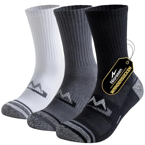 Niorasen Wandersocken Herren, 3 Paar Atmungsaktiv Gepolsterte Sportsocken Baumwolle, Anti Blase Funktionssocken Arbeitssocken, Dicke Outdoor Socken für Trekking, Tennis, Laufen, Mehrfarbig 43-46