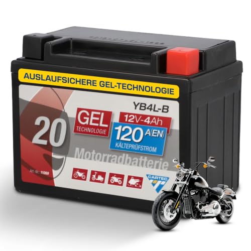 CARTEC Motorradbatterie YB4L-B, 4Ah 120A, Gel Technologie Motorrad-Starter-Batterie, Erstausrüsterqualität, zyklenfest, lagerfähig, wartungsfrei, schwarz