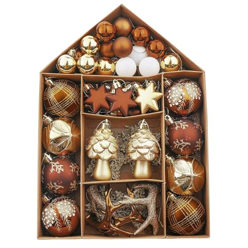 Valery Madelyn Weihnachtskugeln 70 Stücke Kunststoff Weihnachtskugel Geschenkpaket Christbaumkugeln Weihnachtsdeko mit Aufhänger Wald Thema Bronze(L)