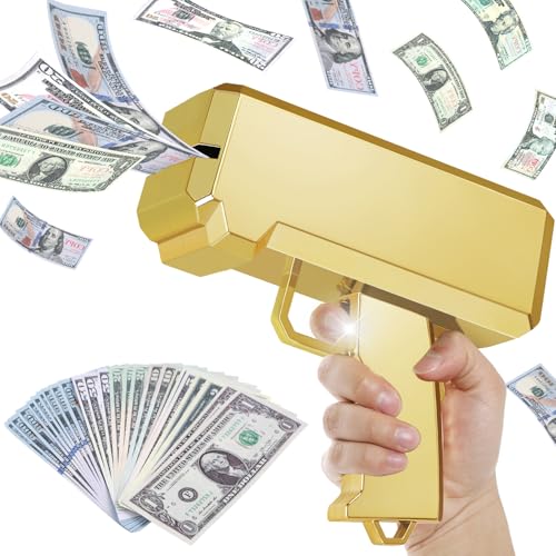 GirlDiary Geld Pistole Shooter mit 101 Requisitengeld, Spielzeugpistole, die Geld für Spielfilme Party sprühen, Handgehaltene Geldpistole Gefälschte Pistole (Gold)