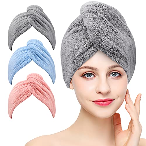 Laicky 3 Stück Mikrofaser Handtuch Haare Haarturban mit Knop zumTrocknen von Haaren, super saugfähig, verdrehter Turban,passend für Lange, Kurze, Locken, gerade Haare, (Grau Rosa Blau)