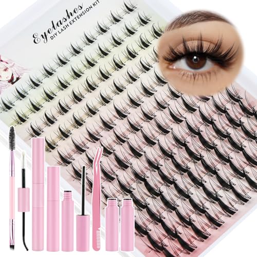 LOPHE Lashes Extension Set, 120 Stück Anime Wimperncluster C Curl Manga Wimpernsträhnen, Unsichtbare Band Wimpern Kit mit Klebstoff, Lashes Set Manga (8-18mm Mix)