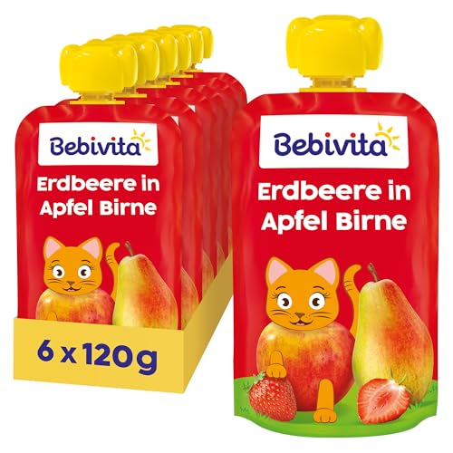 Bebivita Erdbeere in Apfel Birne Quetschie (6 x 120g), ohne Zuckerzusatz, glutenfrei, ideal für unterwegs und selbständiges Snacken